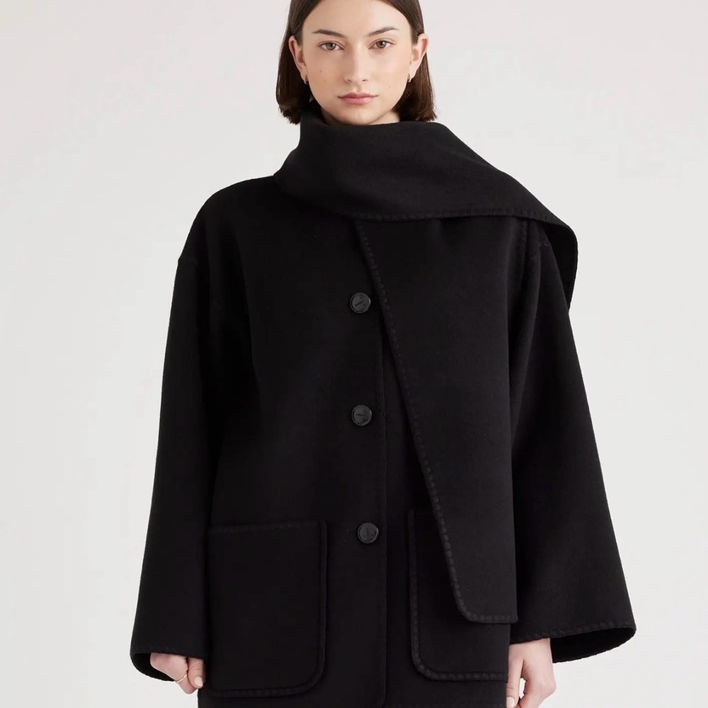 Quince Double Faced Merino Wool Scarf Coat in Black Size 839
